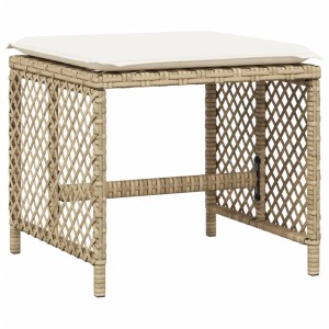 Beiger Gartenhocker aus Polyrattan mit Kissen, Teil eines 4er Sets.
