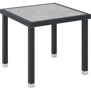 Quadratischer Gartentisch Marnoo, 80x80 cm, schwarzes Polyrattan-Gestell, Zement-Optik Tischplatte.