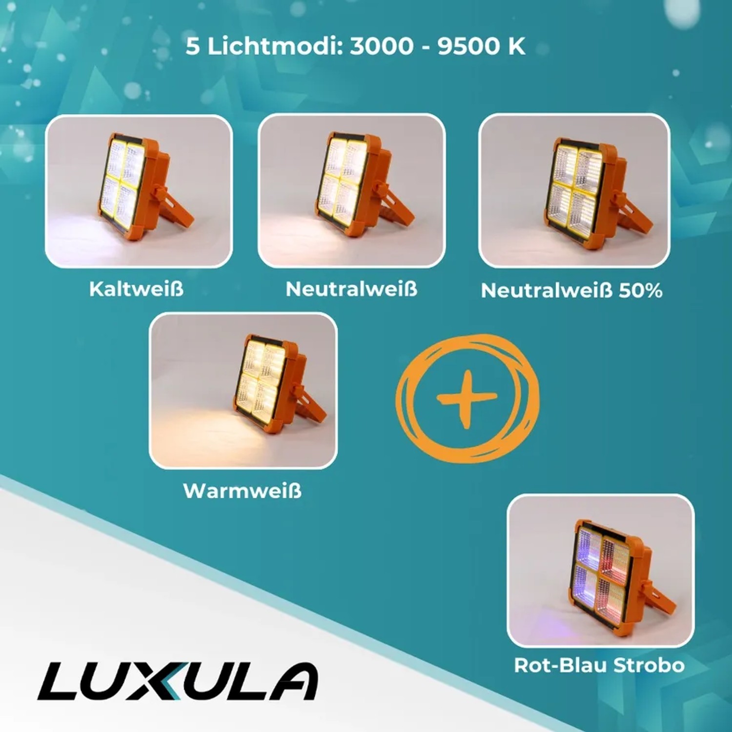 LUXULA Solar Baustrahler: Verschiedene Lichtmodi (Kaltweiß, Neutralweiß, Warmweiß, Rot-Blau Stroboskop).