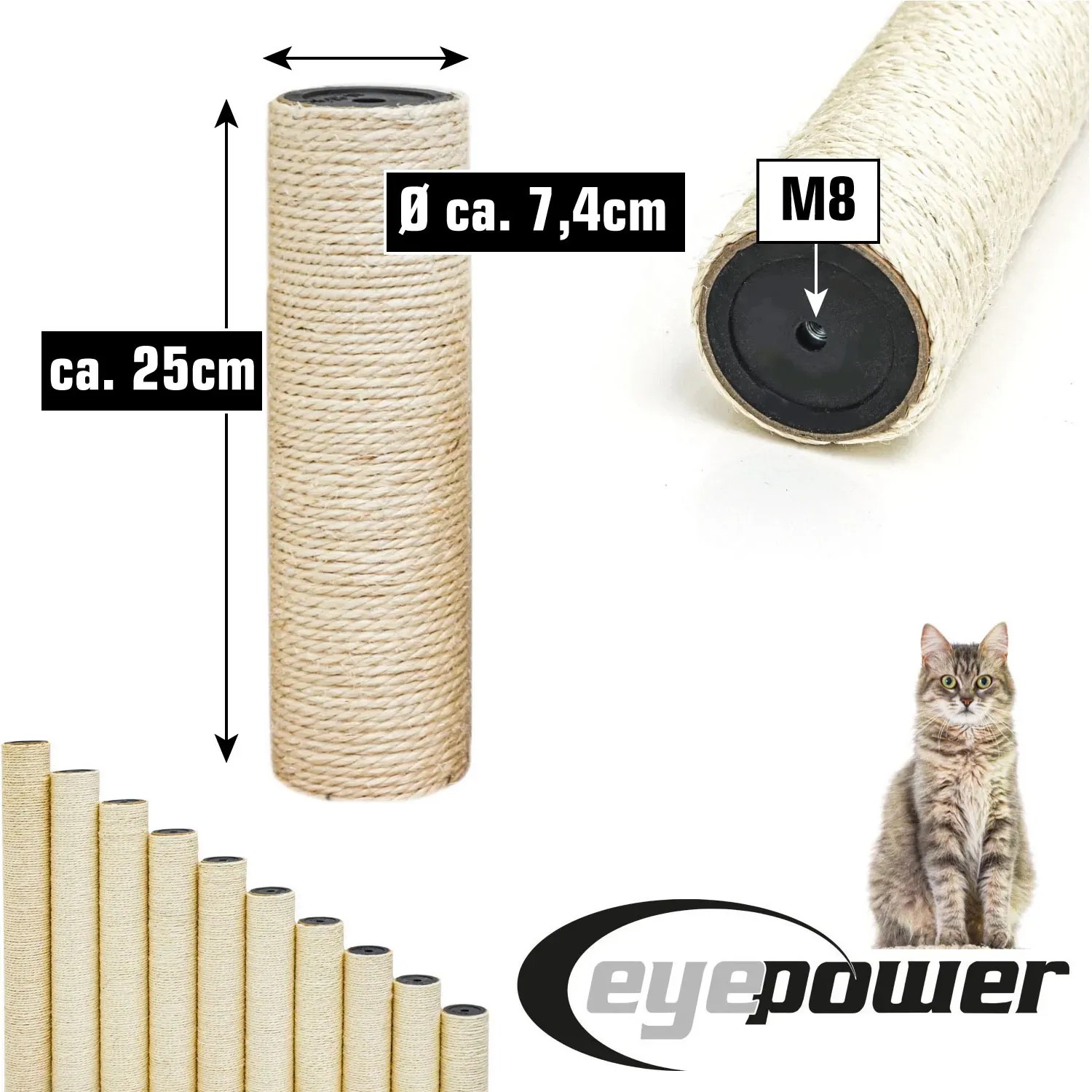 eyepower Sisalstamm 25cm, Ø 7,4cm, M8 Gewinde für Kratzbaum. Zubehör für Katzen.