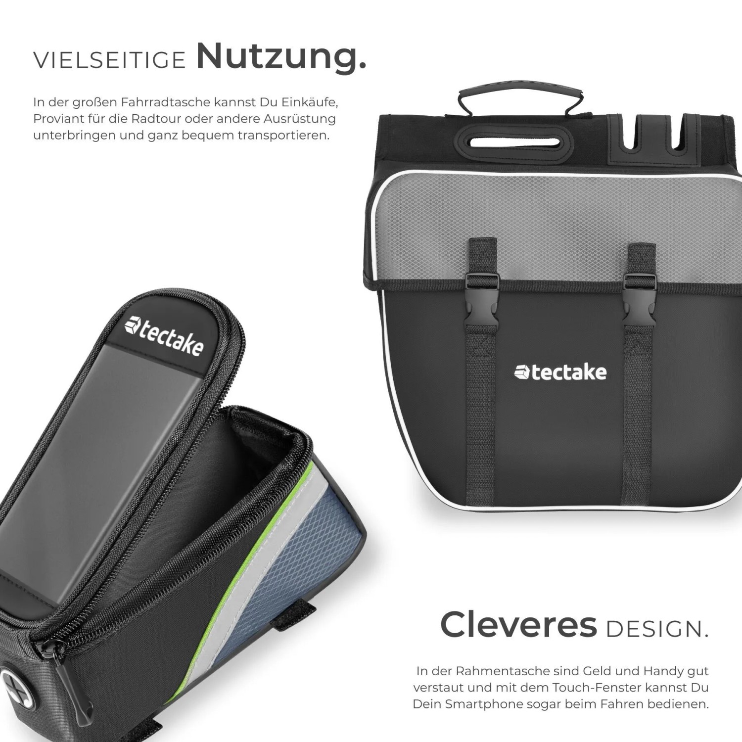 Tectake Fahrradtaschen Set: schwarze Gepäckträgertasche und Rahmentasche mit Touch-Handyfach. Ideal für Radtouren.