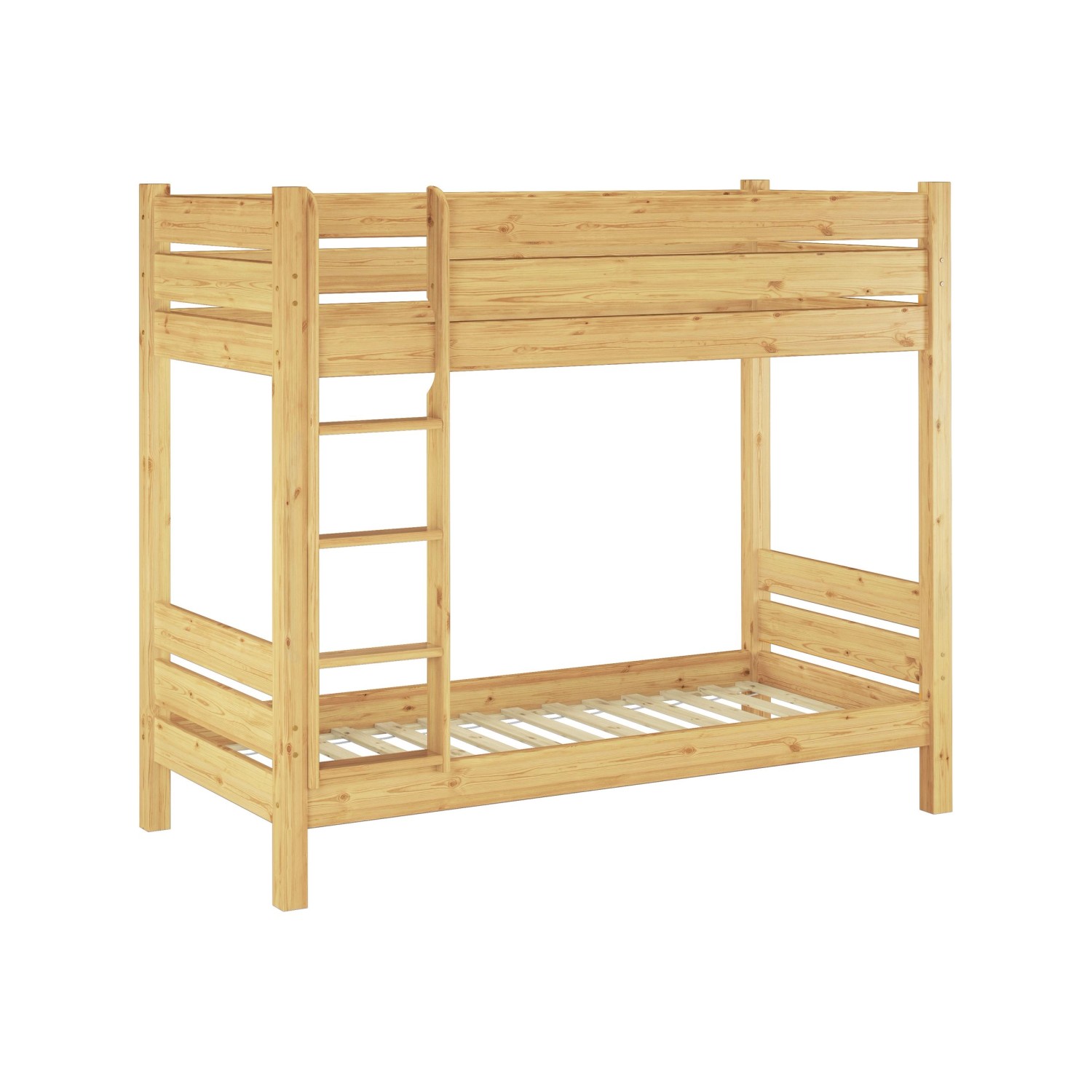 Breites Etagenbett aus Kiefer massiv, teilbar, mit Leiter und Rollrost.