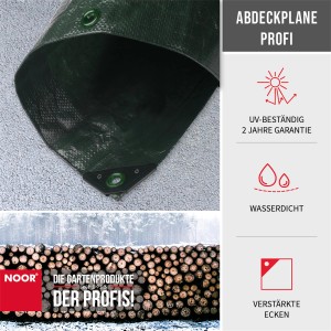 Grüne Noor Abdeckplane Profi, 2x2 m, mit verstärkten Ecken und Ösen. Ideal als Bauplane und Gewebeplane.