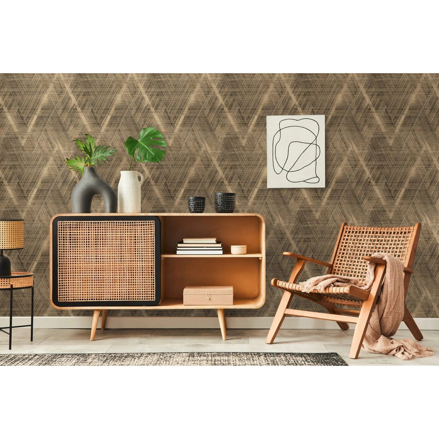 PROFHOME 3D Tapete Chevron Gold/Schwarz im Raum, geometrisches Muster.