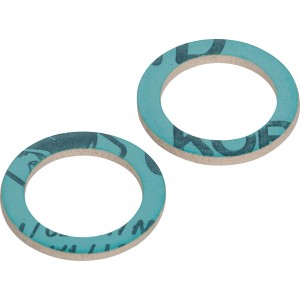 Zwei Fiberdichtungen, Ø 27 mm x Ø 38 mm, zur Abdichtung von Rohrleitungen.