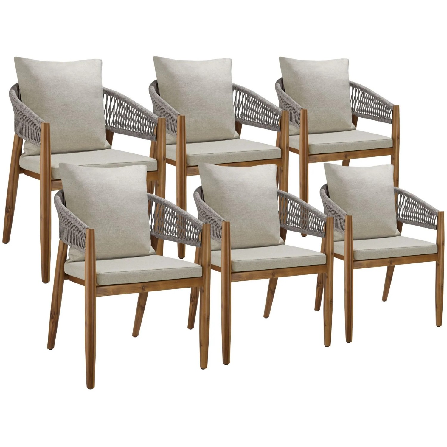 Tectake Gartenstuhl Manacor Lasiertes Akazienholz  Wetterfest Arm  und Rückenlehne Im Rope Design 6Er Set 58 x 59 x 76 50 cm Greige