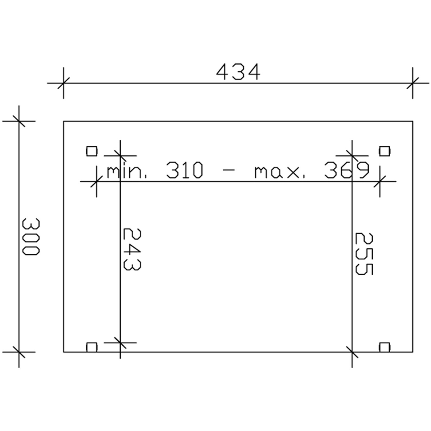 Skizze der Skan Holz Terrassenüberdachung Sanremo 434x300 cm, Maße und Pfostenpositionen.