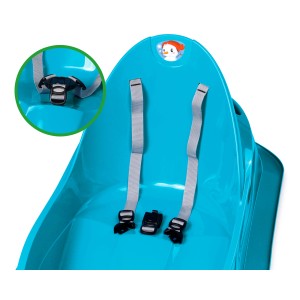 Detailaufnahme: Blauer Ondis24 Bob Kinderschlitten mit Lehne und Sicherheitsgurt.