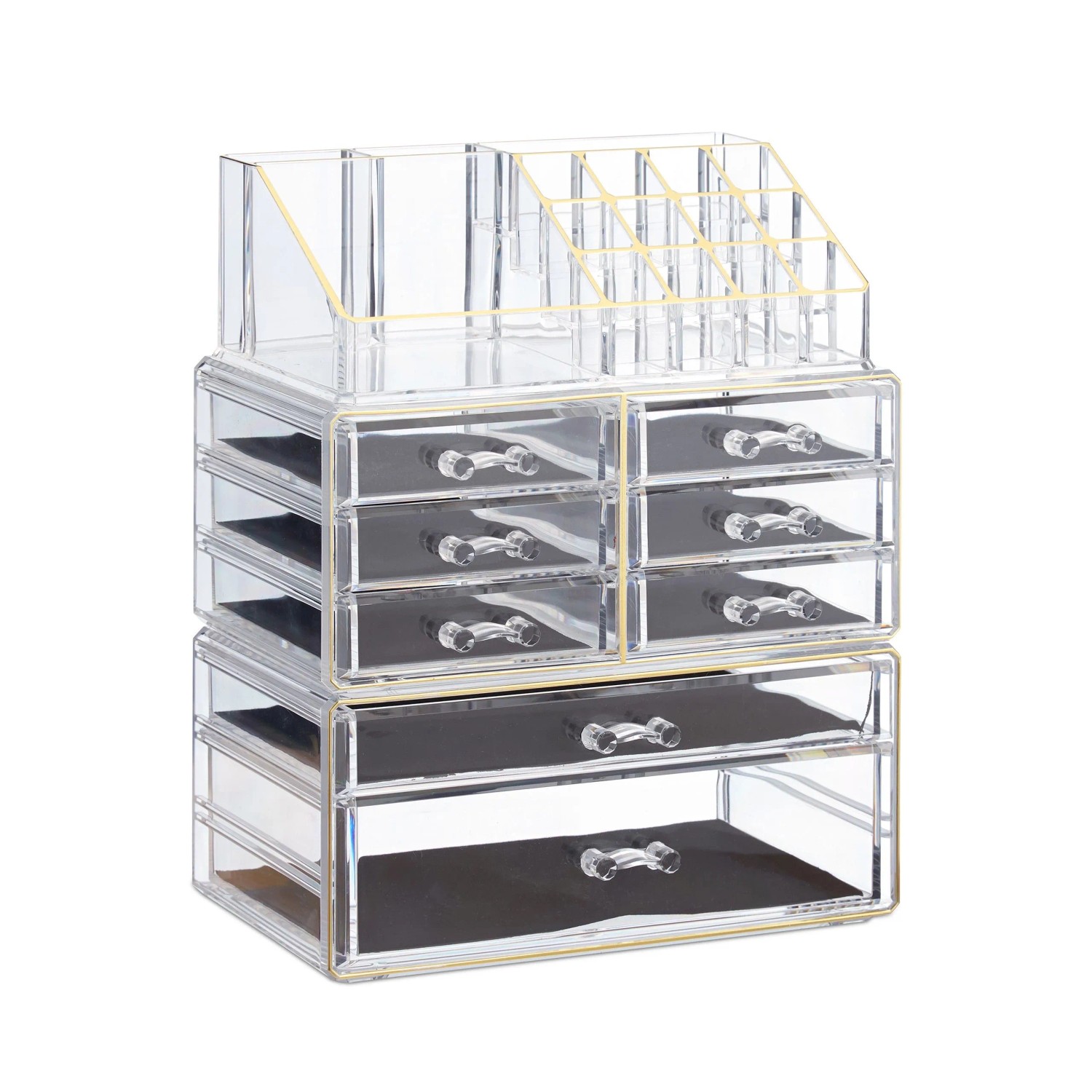 Relaxdays Make Up Organizer mit 8 Schubladen Acryl Transparent Gold Stapelbar 30 cm x 24 cm x 14 cm 2,2 kg