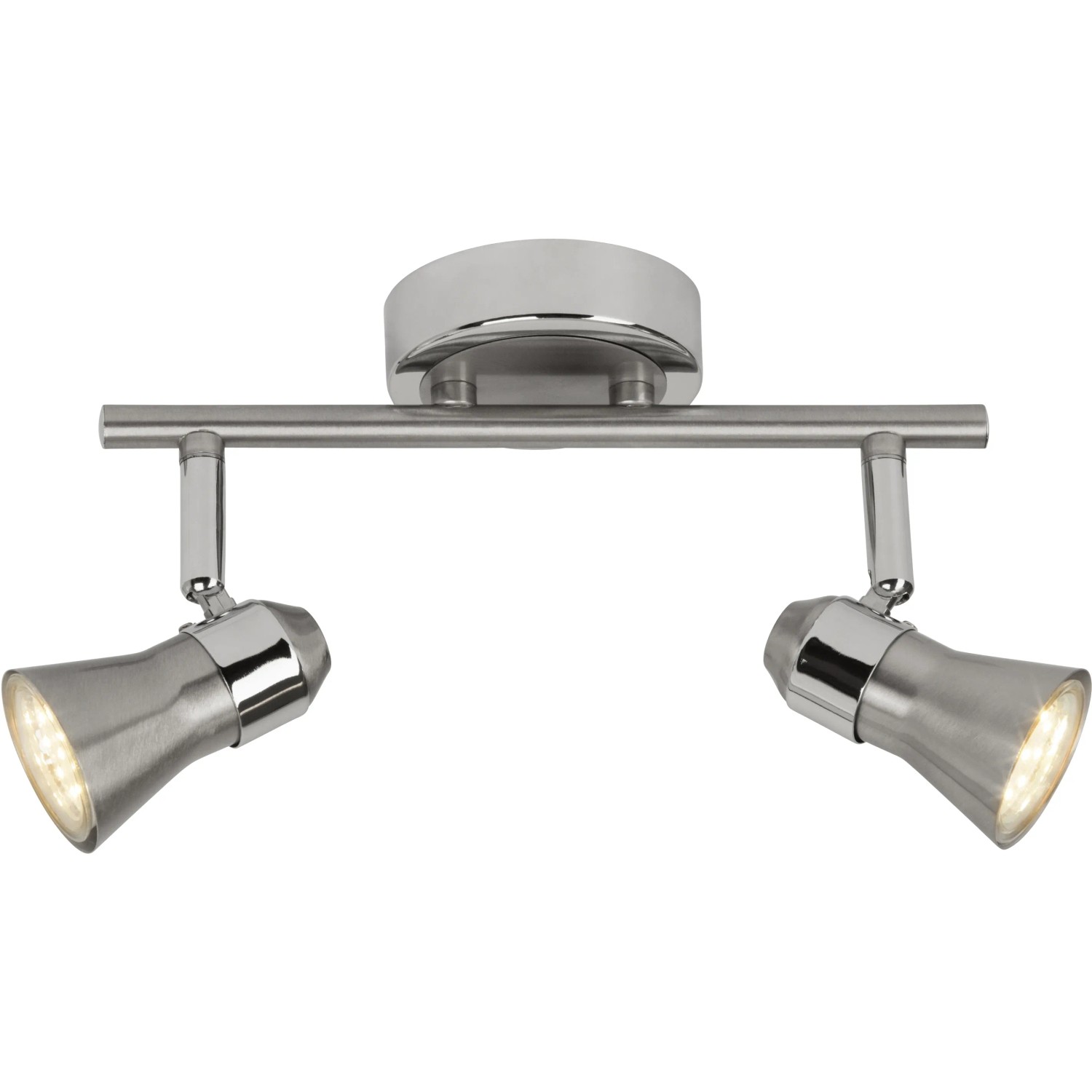 Brilliant LED-Spotrohr Sanny, 2-flammig, aus Eisen und Chrom. Deckenleuchte mit zwei schwenkbaren Spots.