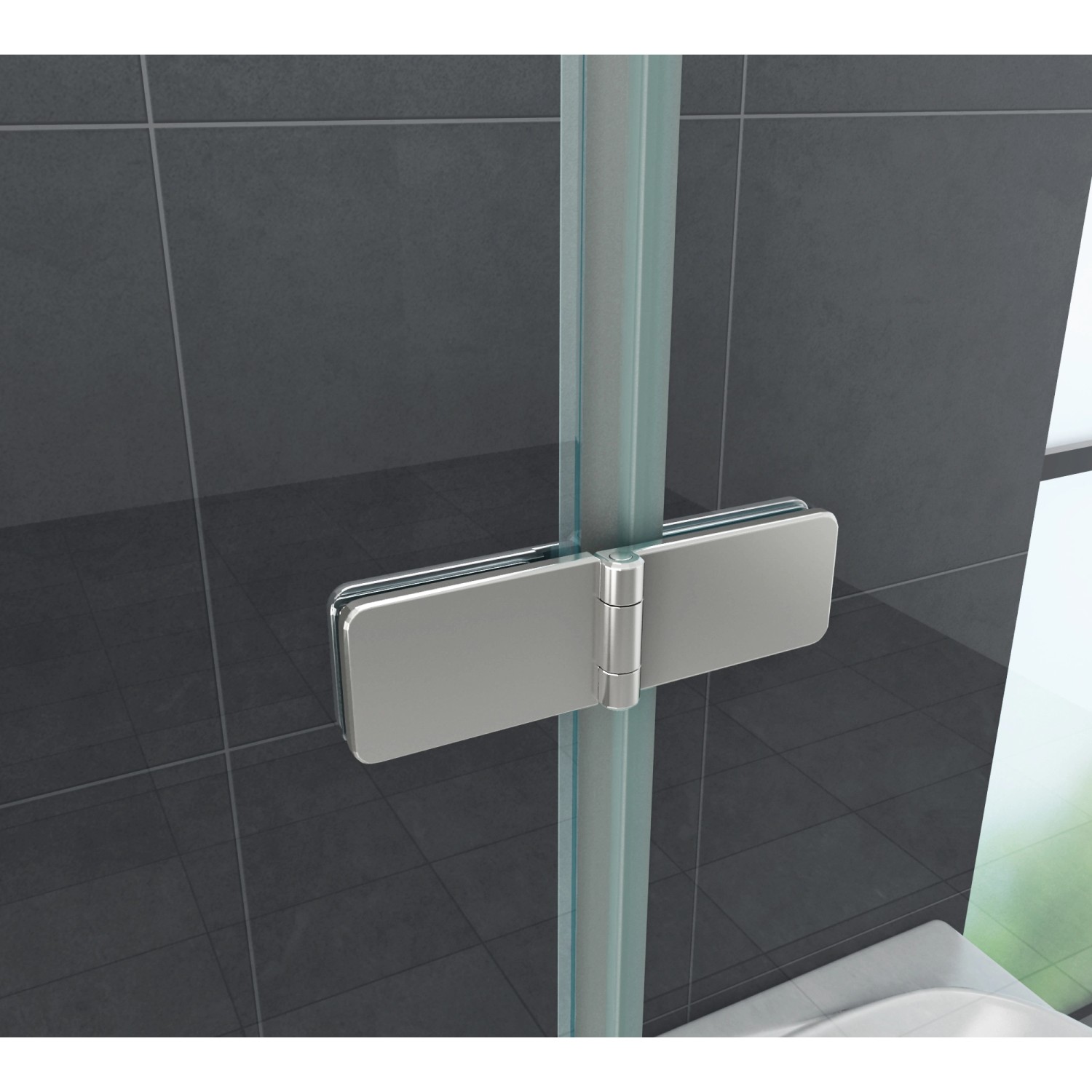 Detailaufnahme: Glasdeals Duschkabine CLAP, Pendeltür-Scharnier aus Edelstahl.