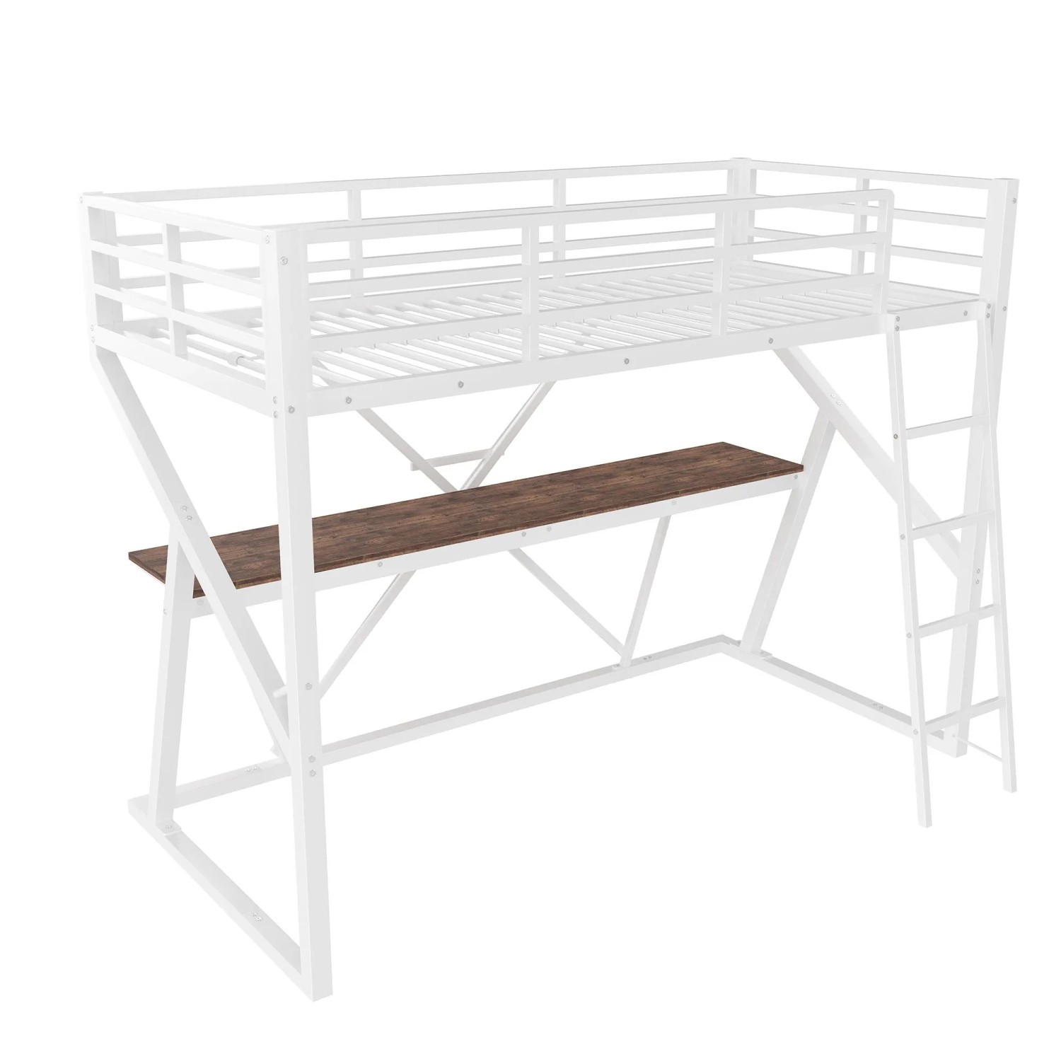 okwish Metall Hochbett 90x200cm mit Schreibtisch Treppe und LED Weiß ohne Matratze