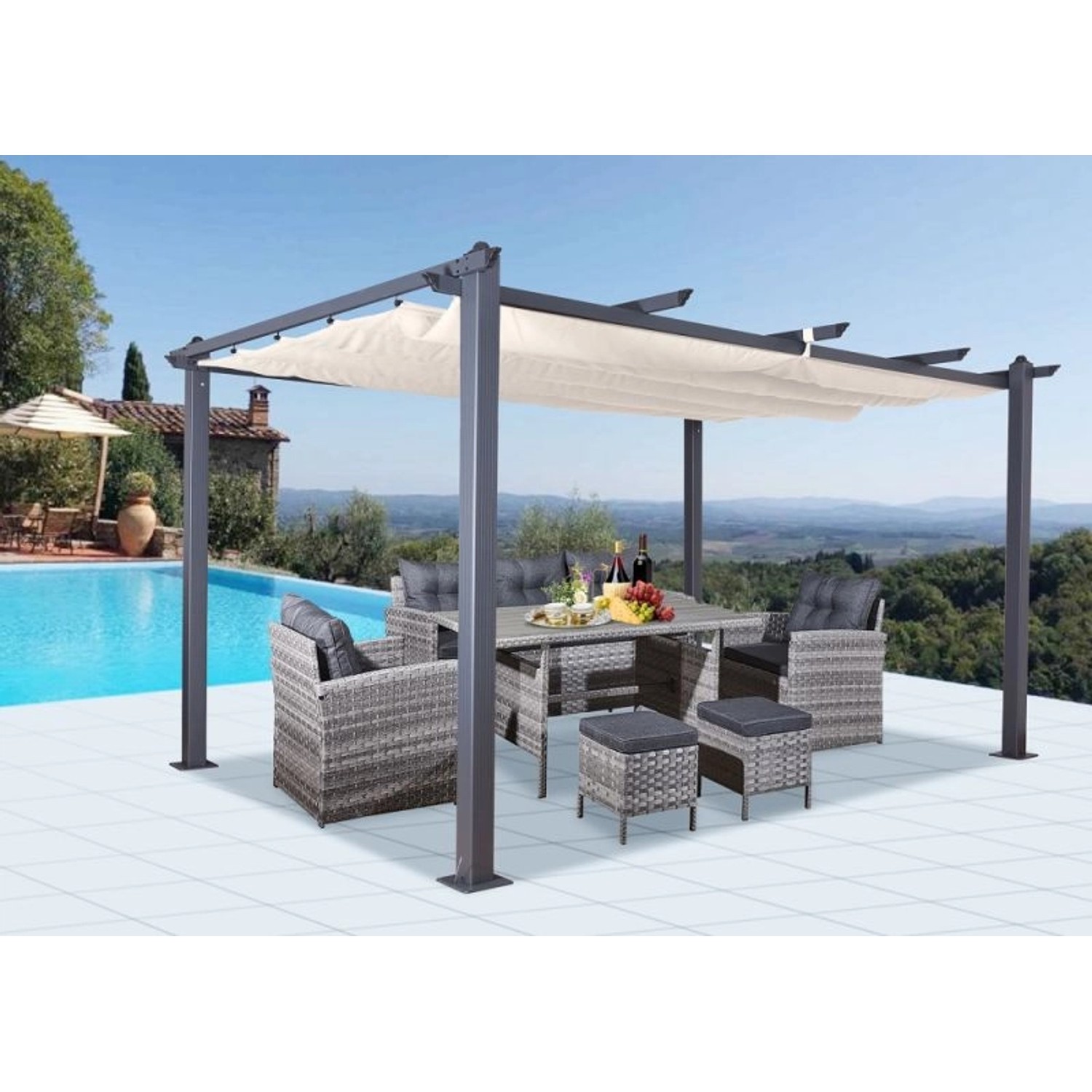 Jet-Line Pavillon Luxor mit Schiebedach, 3x4 m, anthrazit/beige, mit Gartenmöbel-Set.