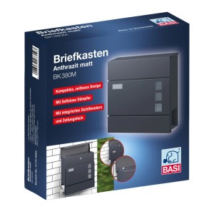 BASI BK 380M Briefkasten, Stahl anthrazit matt mit Zeitungsfach und Softclose.