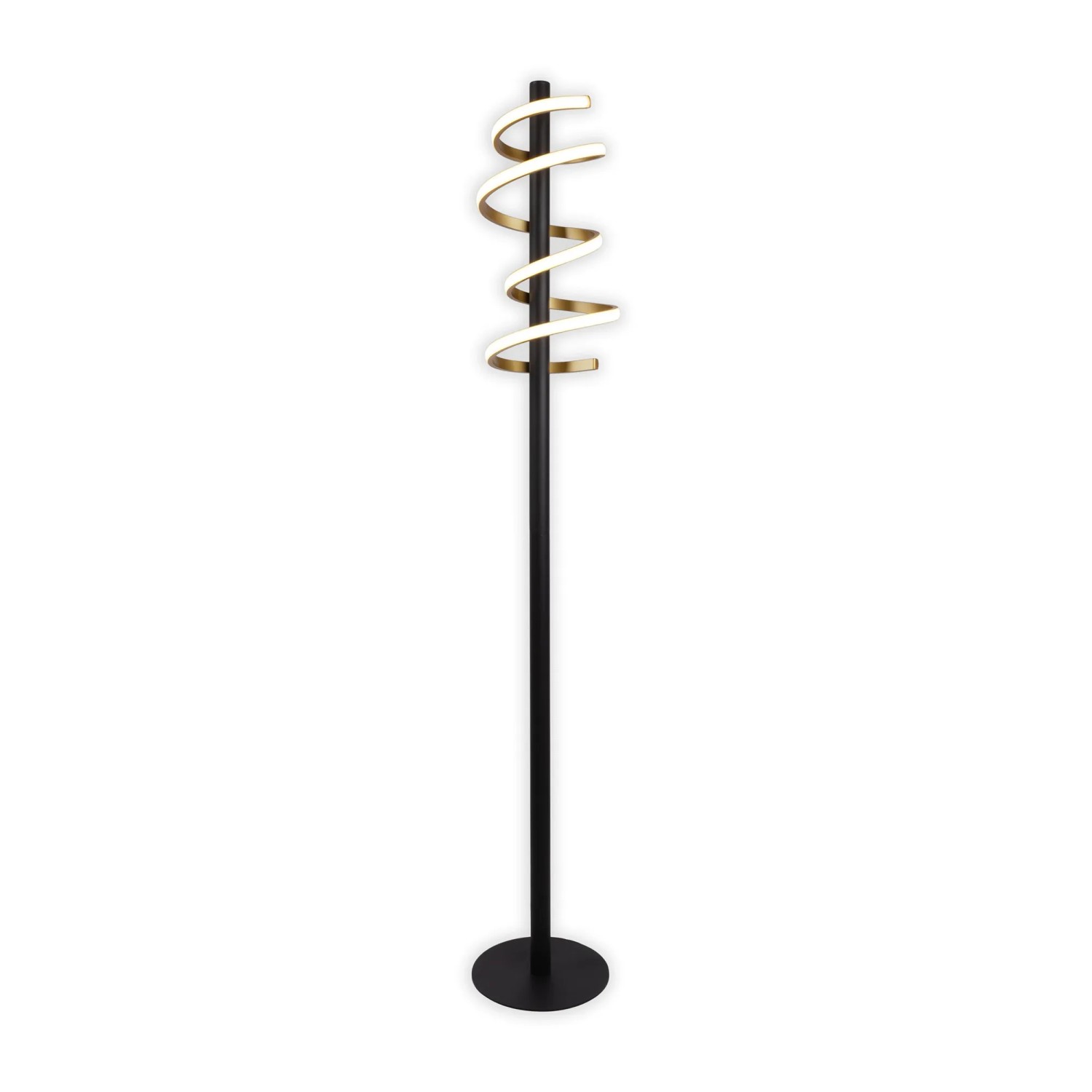 Näve LED-Stehleuchte Belleza in Schwarz und Gold mit spiralförmigem Leuchtdesign.