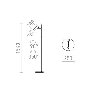 Technische Zeichnung der Rendl VARIA Stehleuchte. Maße: H 154 cm, Ø 25 cm. Verstellbarer zylindrischer Kopf, 90° neigbar, 350° drehbar.