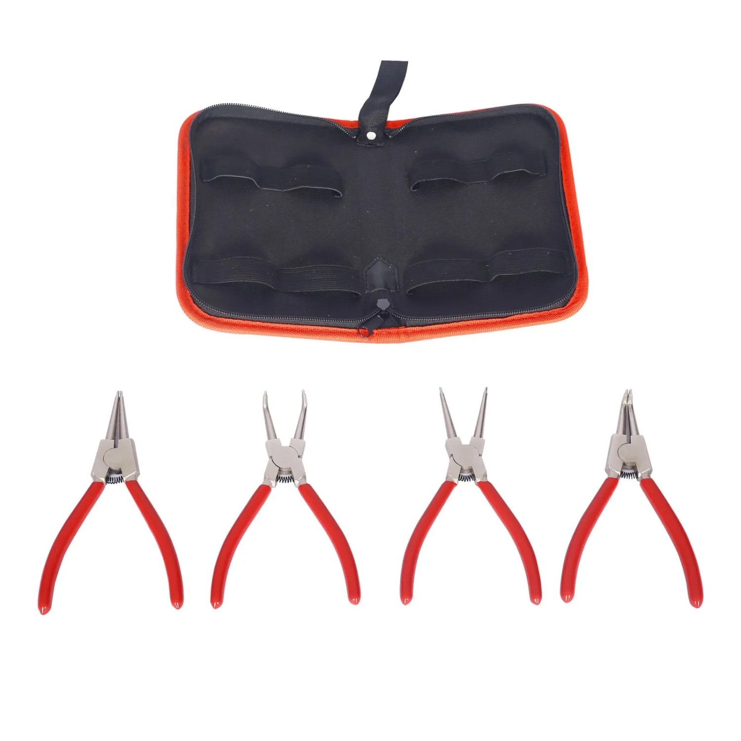 Xpotool 4-tlg. Sprengringzangen-Set mit geraden und 90° gebogenen Spitzen, roten Griffen und orangefarbener Tasche.