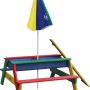 Bunter AXI Nick Sand- und Wasser-Picknicktisch Regenbogen mit Sonnenschirm.