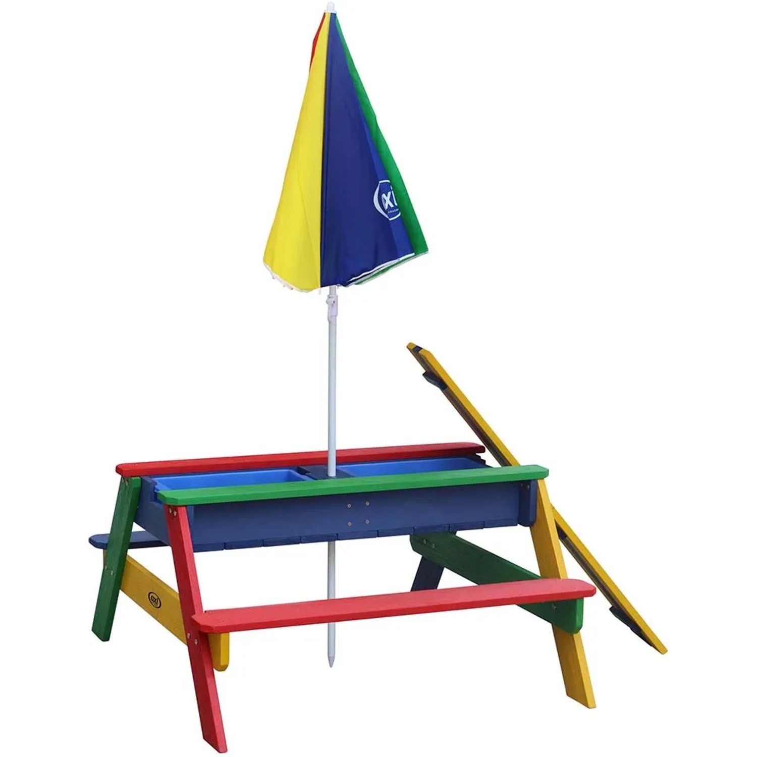 Bunter AXI Nick Sand- und Wasser-Picknicktisch Regenbogen mit Sonnenschirm.