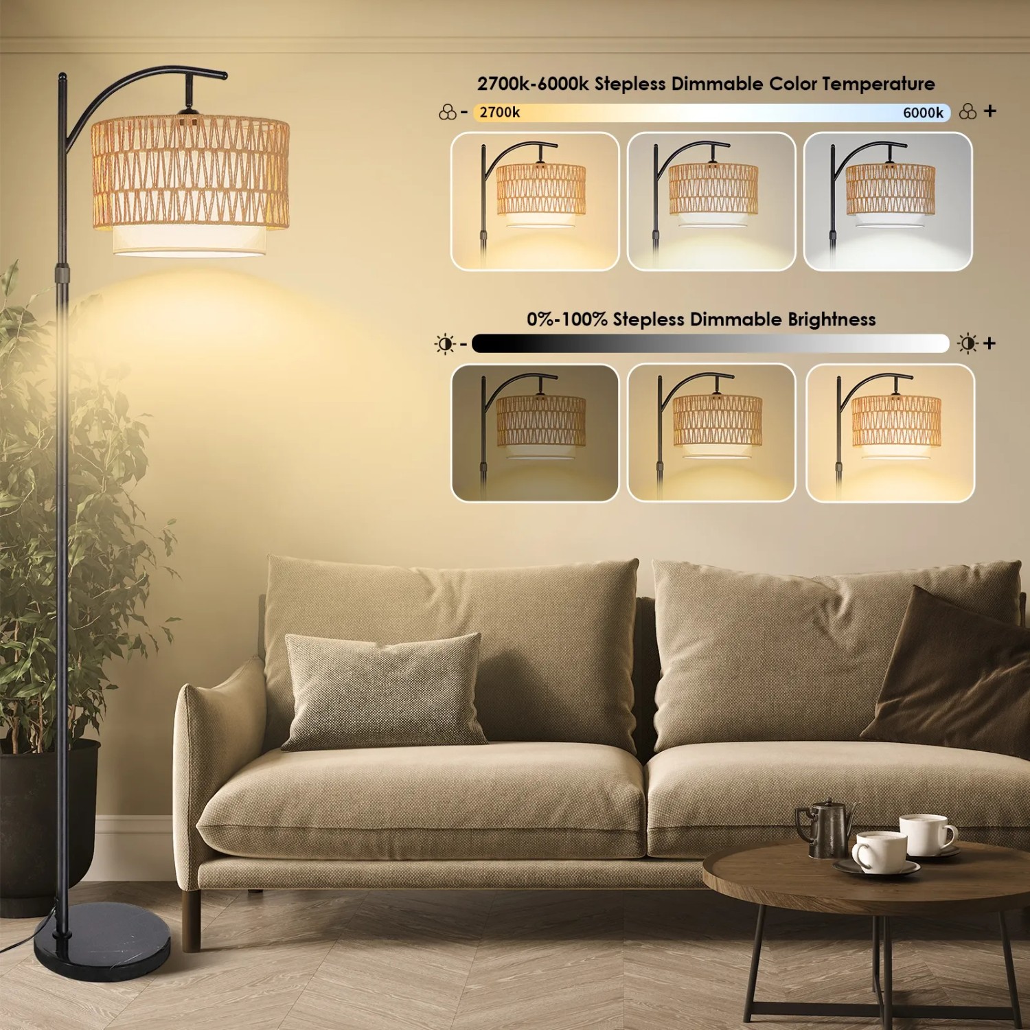 CCLIFE Stehlampe Bogenlampe LED E27 60W Höhenverstellbar 160cm-175cm Beige_4