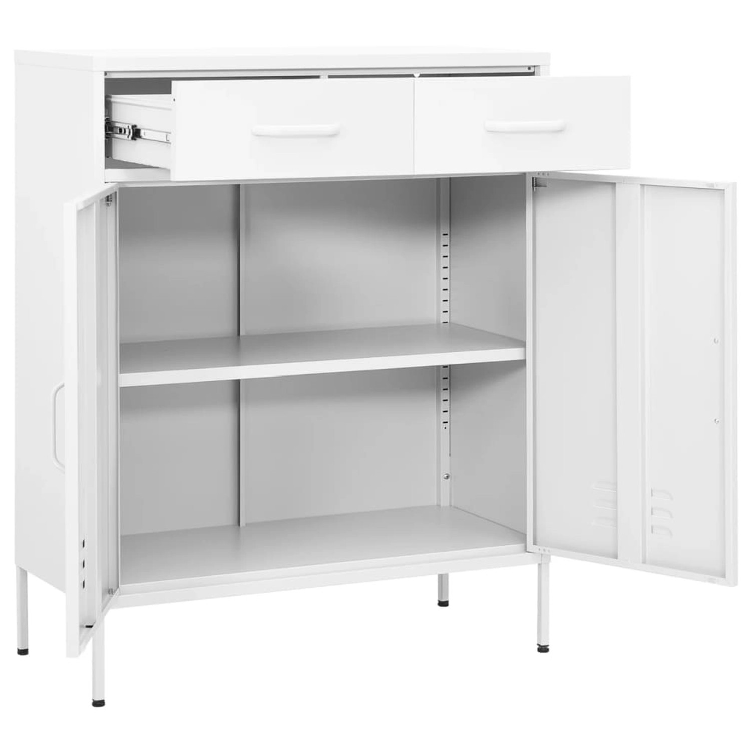 Weißer vidaXL Lagerschrank aus Stahl, 80x35x101,5 cm, mit 2 Schubladen und Türen. Büroschrank.
