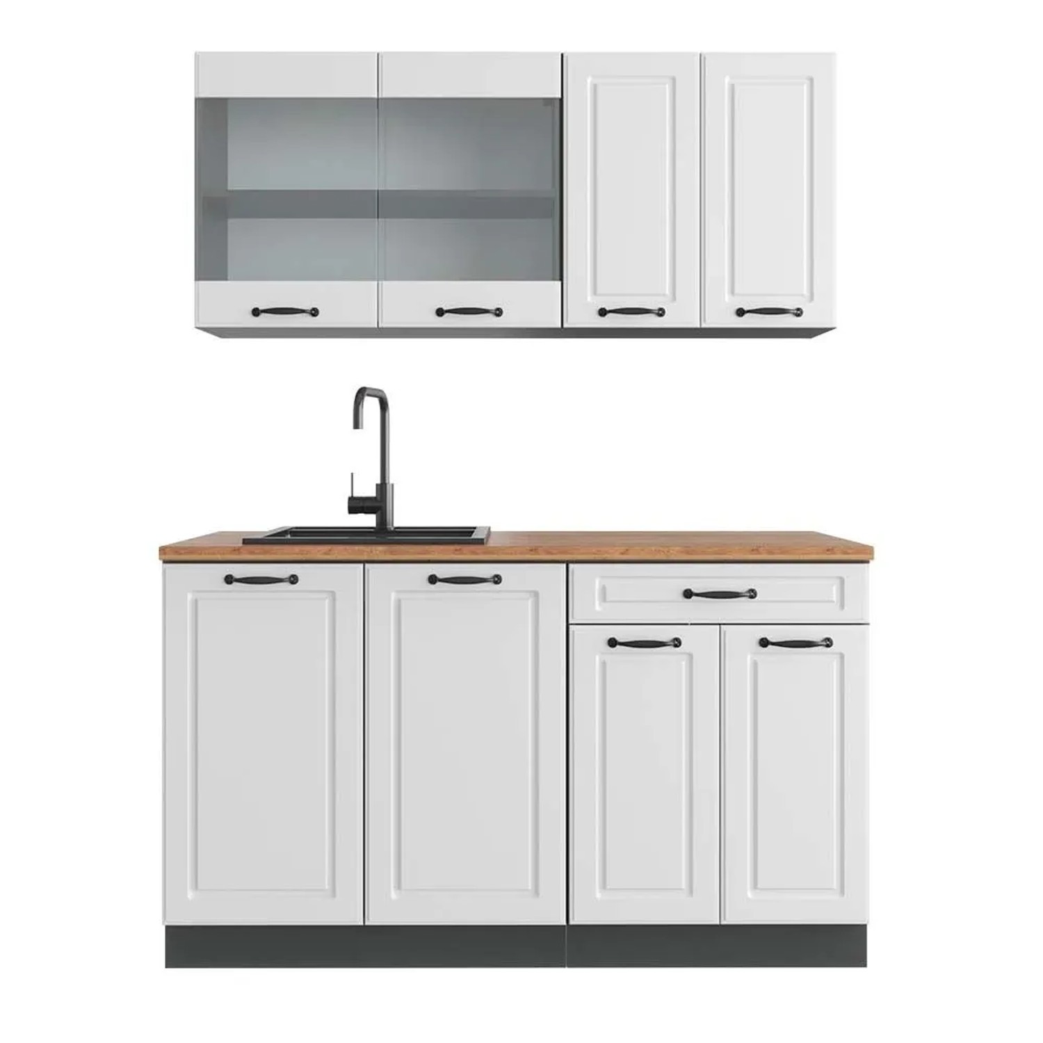 Vicco R-Line Singleküche Weiß Landhaus Anthrazit 140 cm AP Eiche ohne E-Geräte