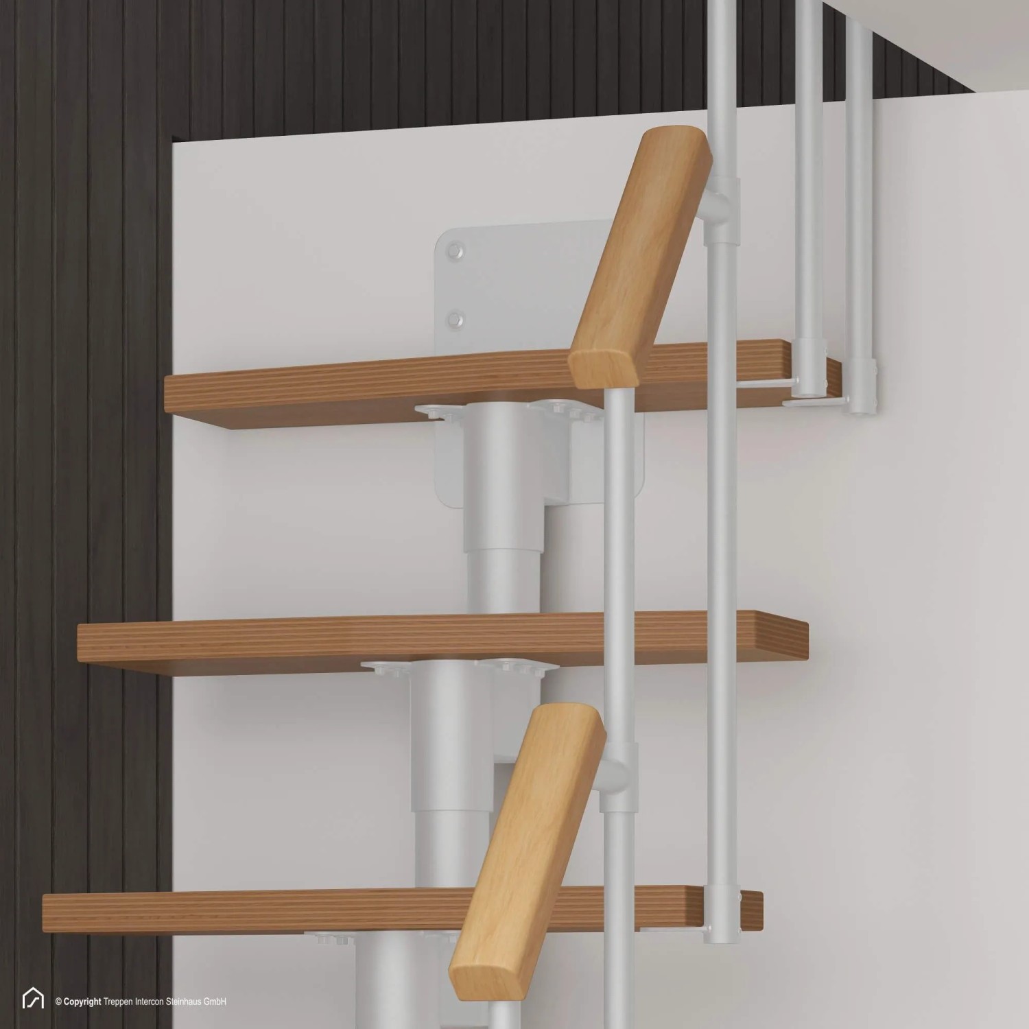 Raumspartreppe Delta Premium: Buche Natur Stufen, weißer Mittelholm, beidseitiges Geländer. Moderne Innentreppe.