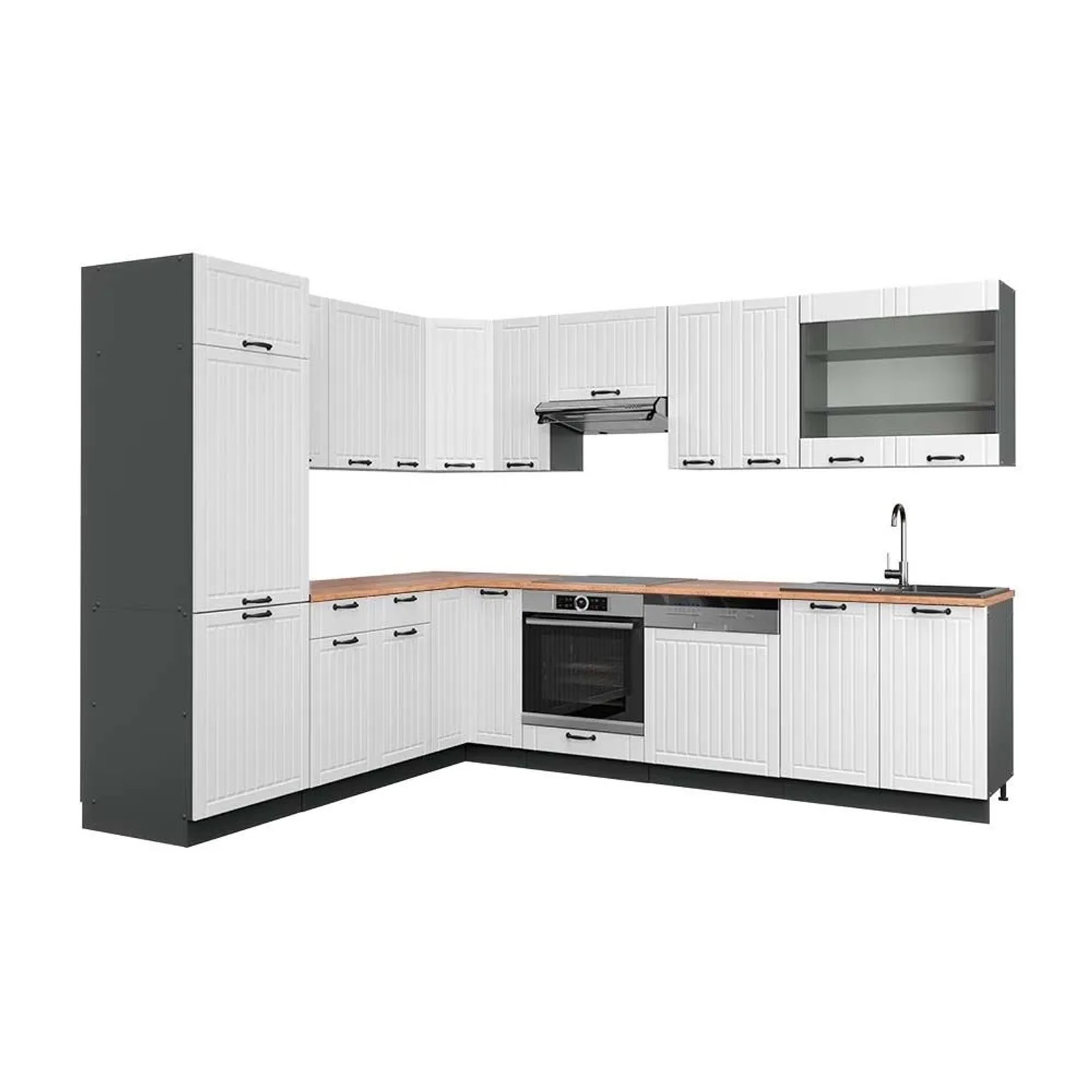 Vicco Eckküche Fame-Line Weiß Landhaus/Anthrazit 287 x 82, AP Eiche