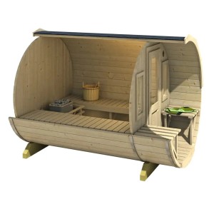 FinnTherm Fasssauna Sam als Bausatz: Holzsauna mit Liegen, Fenster und Vordach.