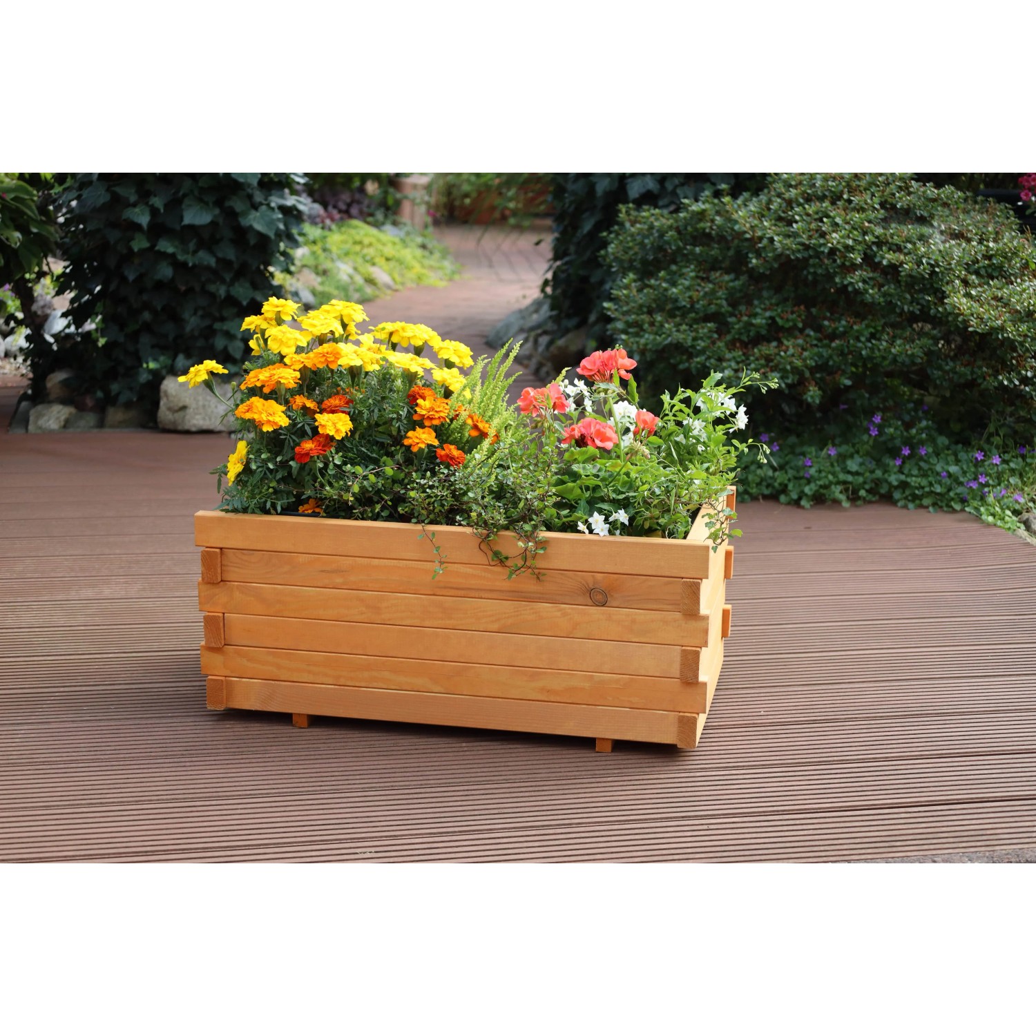 Holz Pflanzkasten Lucca mit bunten Blumen bepflanzt, für Terrasse und Balkon.