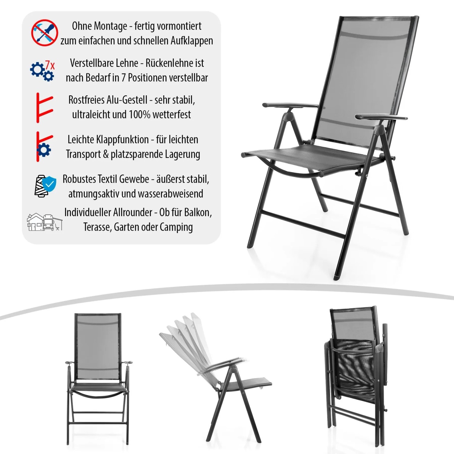 BigDean Gartenstuhl Set, 4 Stück, dunkelgrau, klappbar, mit verstellbarer Rückenlehne
