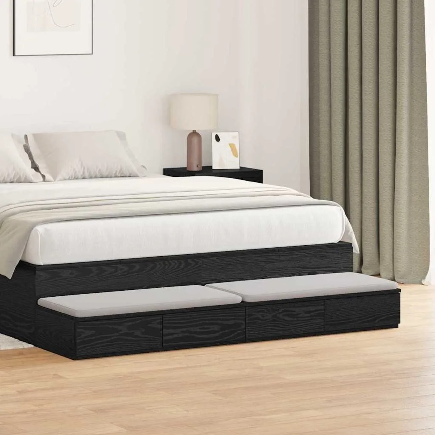 vidaXL Bettschubladen in Schwarz Eichen-Optik unter einem Bett. Nachttisch-Alternative mit Stauraum.