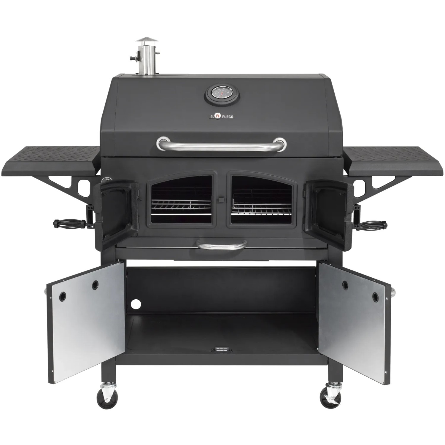 Schwarzer El Fuego Holzkohlegrill Grand Ontario mit Tresordesign, Fronttüren und Ablageflächen.