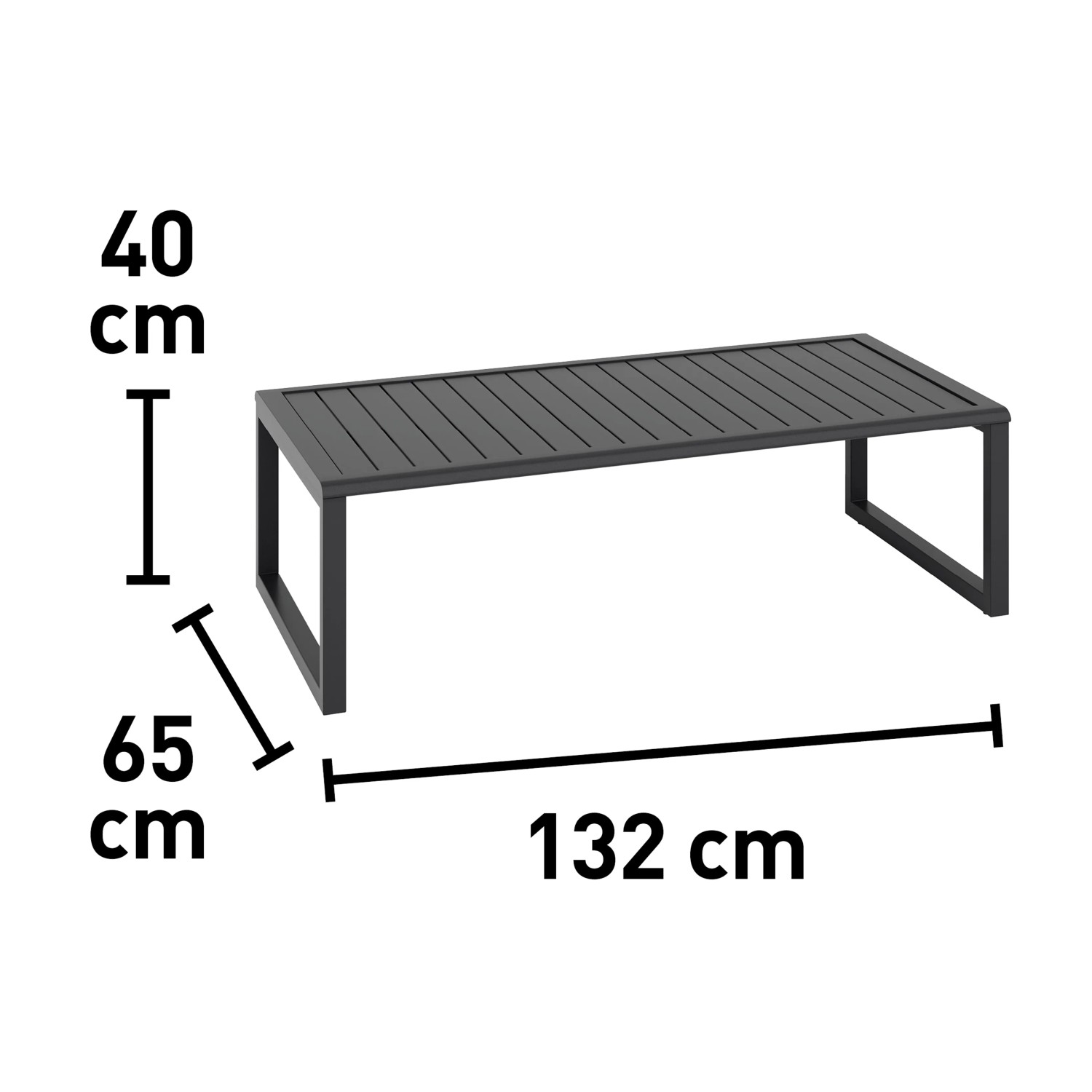 Tisch aus dem Lounge-Set Tamworth, Aluminium, anthrazit, mit Maßangaben.