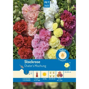 Stockrosen Chater's Mischung Saatgut: Farbenfrohe, gefüllte Blüten in verschiedenen Farben.