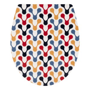 WC-Sitz mit buntem 70er-Jahre-Motiv und Absenkautomatik. Duroplast, kratzfest.