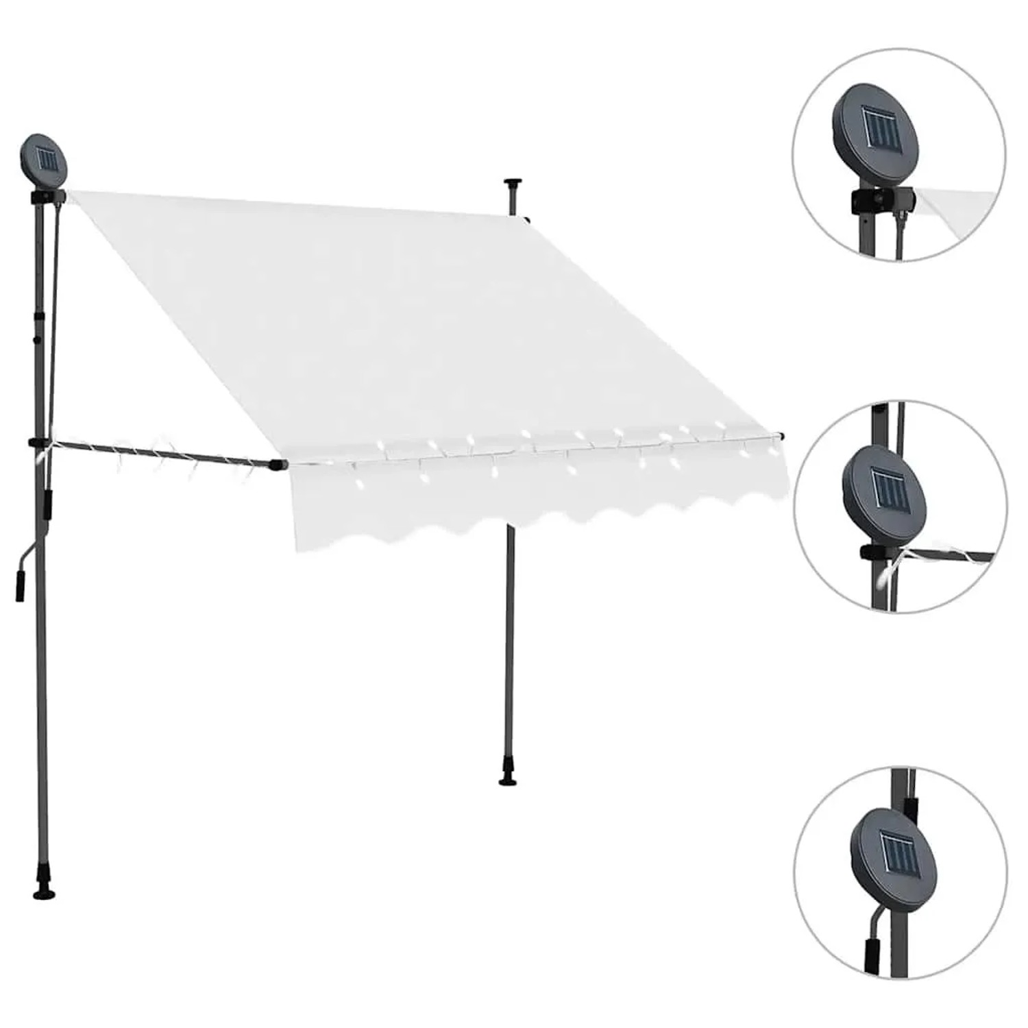 Cremefarbene, einziehbare Markise mit LED, handbetrieben, 200 cm breit. Ideal für Terrasse und Balkon.