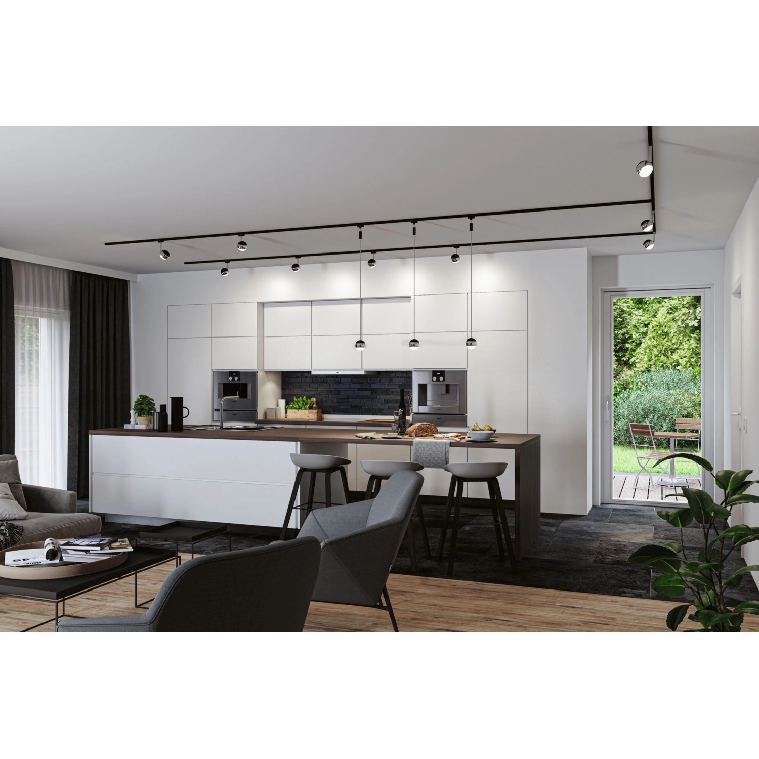 Paulmann Urail LED Schienensystem mit Pendelleuchten Capsule II, schwarz/chrom matt, in moderner Küche.