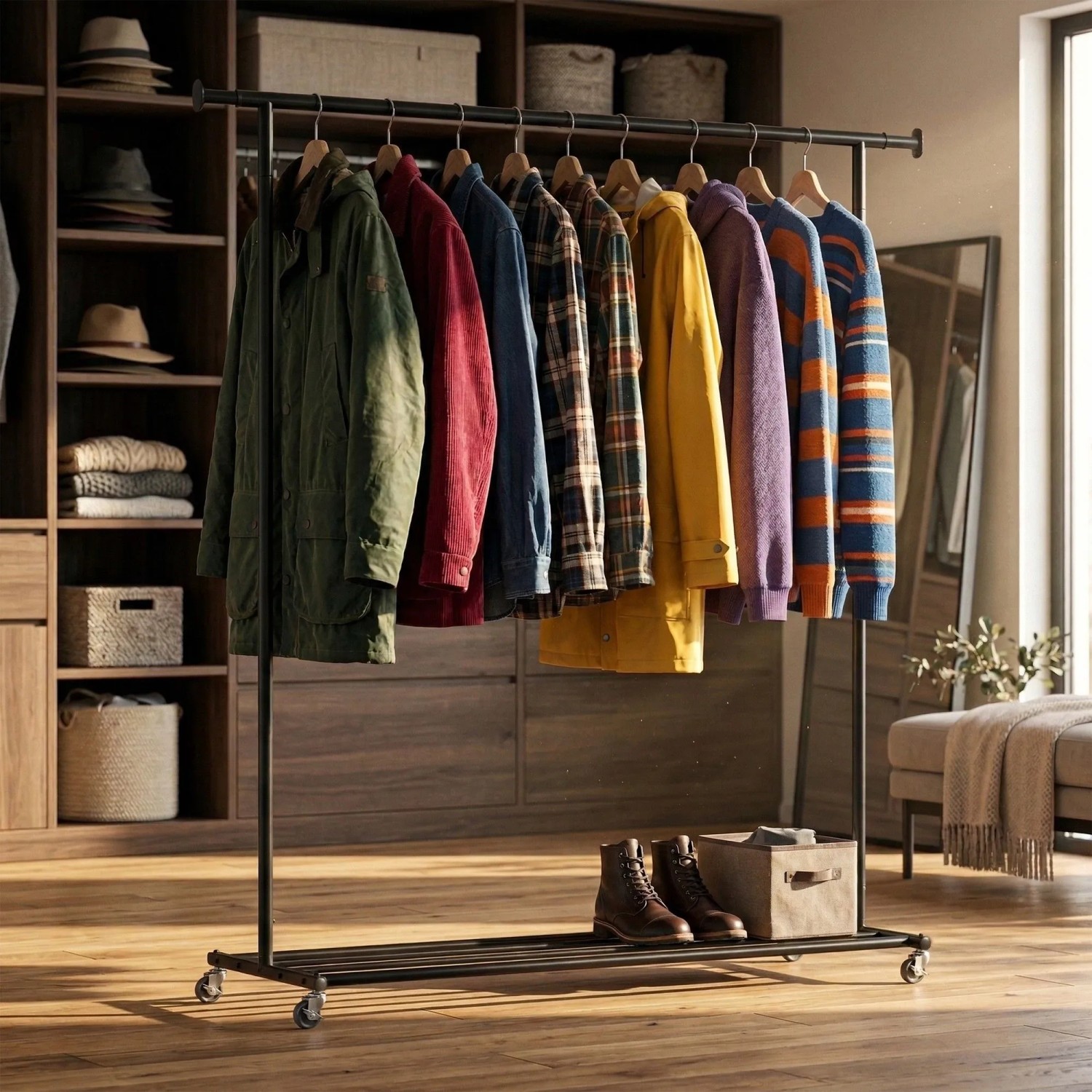 CLP Kleiderständer Bernis XL, schwarz, aus Metall. Garderobe mit Rollen, Ablage, Kleiderstange, Kleidung und Schuhen.
