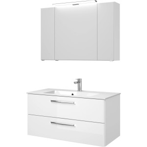 Pelipal Badmöbel-Set Trentino, 107 cm, Weiß Hochglanz, 3-teilig mit Waschbecken, Unterschrank und Spiegelschrank.