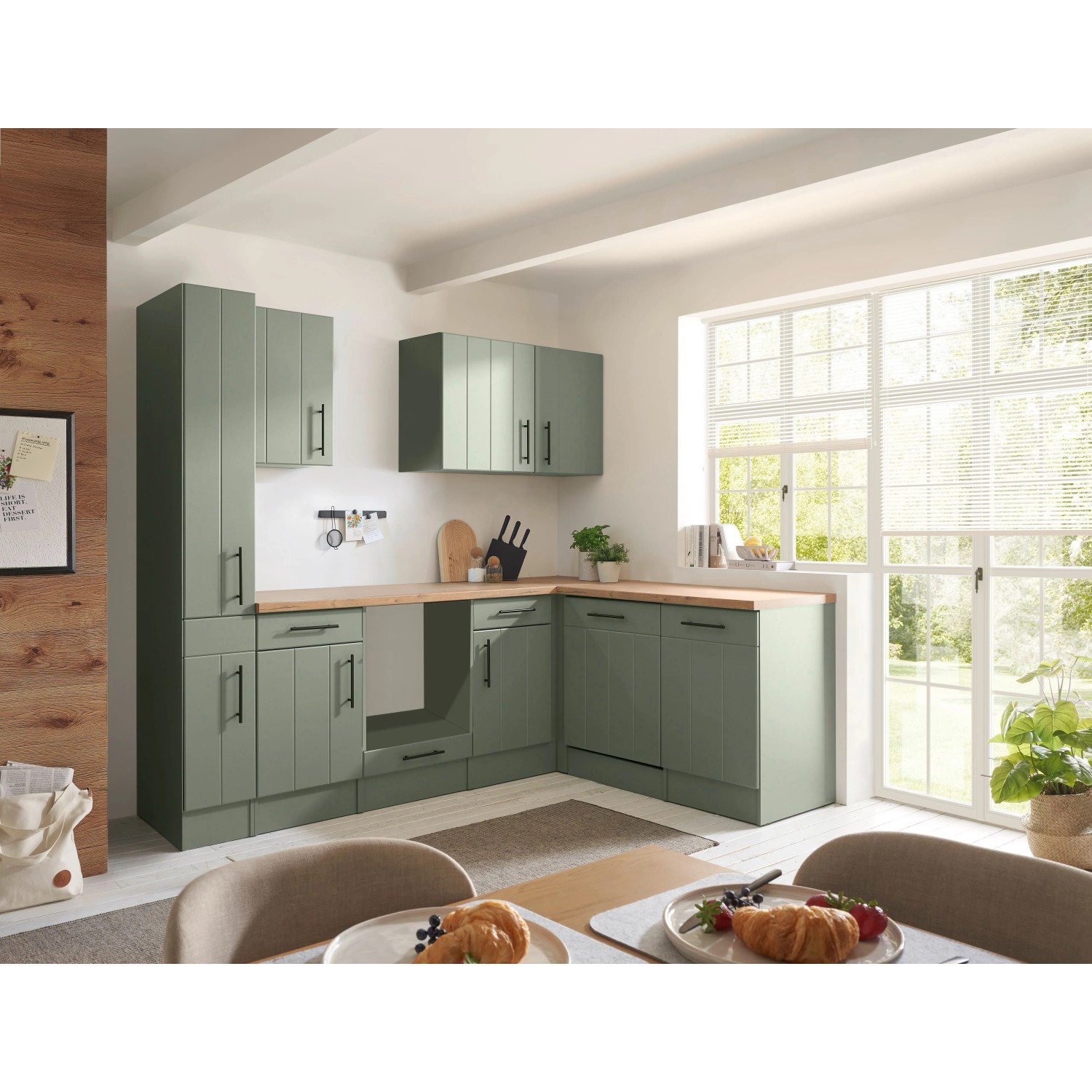 Respekta Winkelküche Anton Landhaus Schilfgrün 250 cm ohne E-Geräte