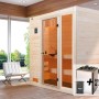 Weka Massivholzsauna Valida 2 Sparset mit Glastür, Fenster und Saunaofen im hellen Holzdesign.