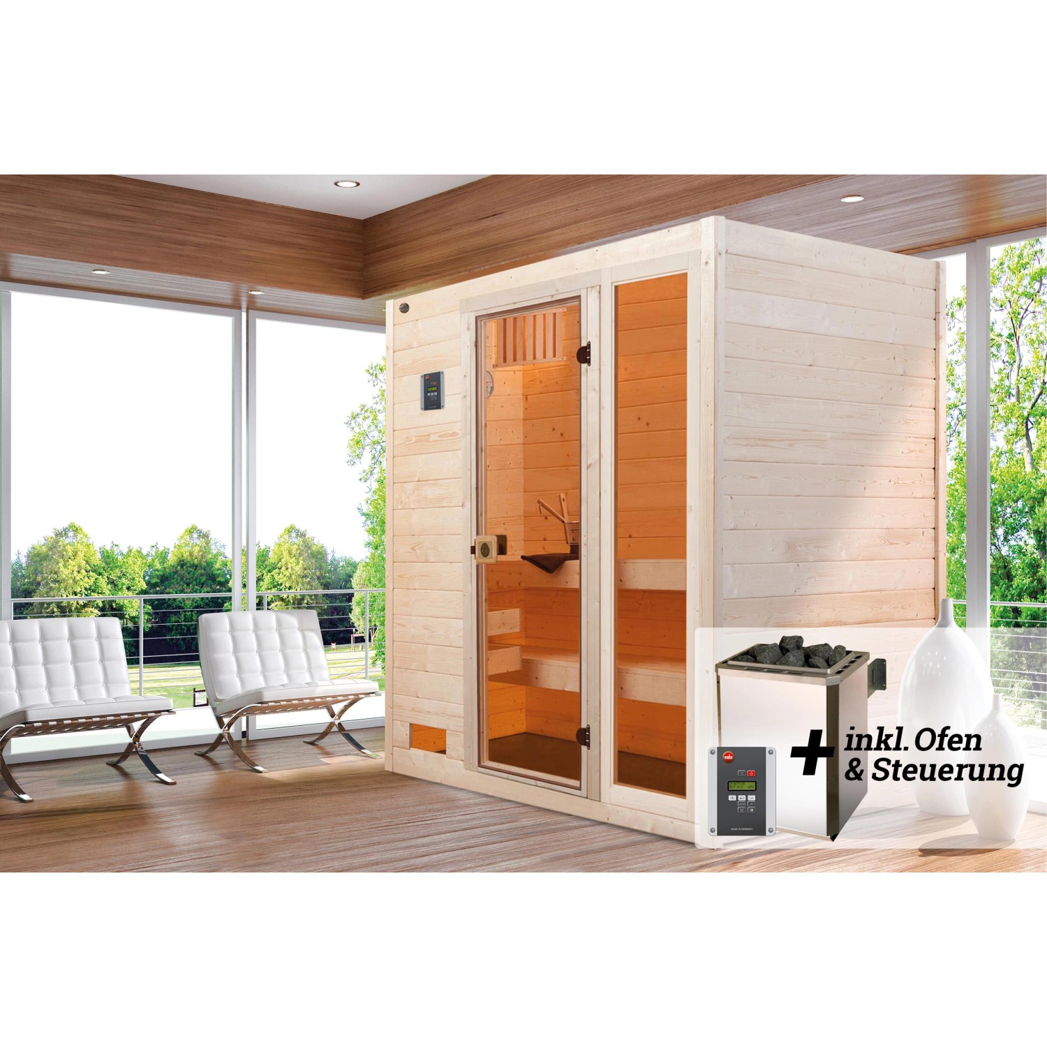 Weka Massivholz-Sauna Valida 2 Sparset 7,5 kW OS digi. Steuerung Glastür Fenster
