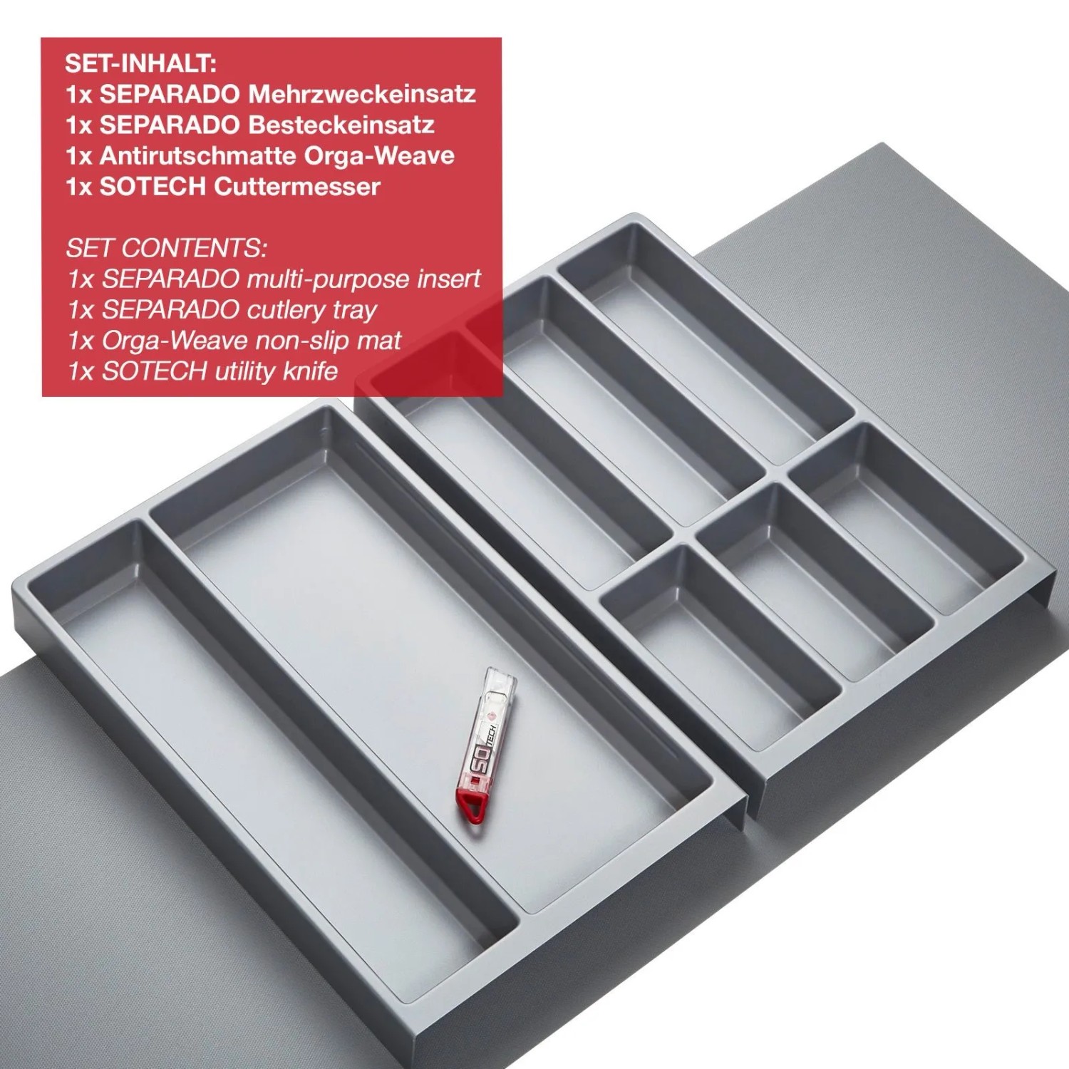 SOTECH ORGA-BOX Vario SET 2 Silbergrau für 100er Schublade Mehrzweckeinsatz Besteckeinsatz Antirutschmatte Orga-Weave_5