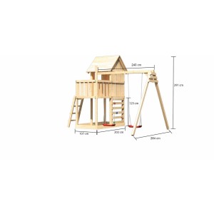 Karibu Stelzenhaus Frieda mit Doppelschaukel und Kletterwand aus naturbelassenem Holz.