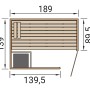 Grundriss Weka Massivholzsauna Valida Eck mit Maßen, 7,5 kW Ofen, Glastür.