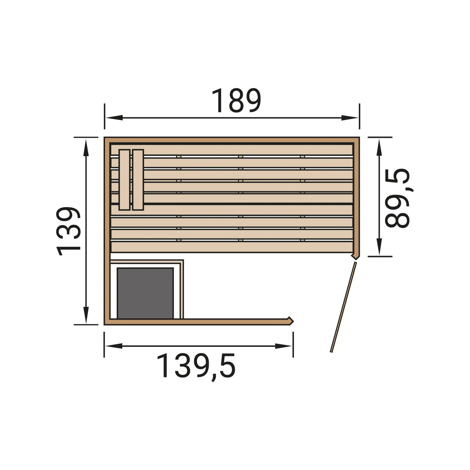 Grundriss Weka Massivholzsauna Valida Eck mit Maßen, 7,5 kW Ofen, Glastür.