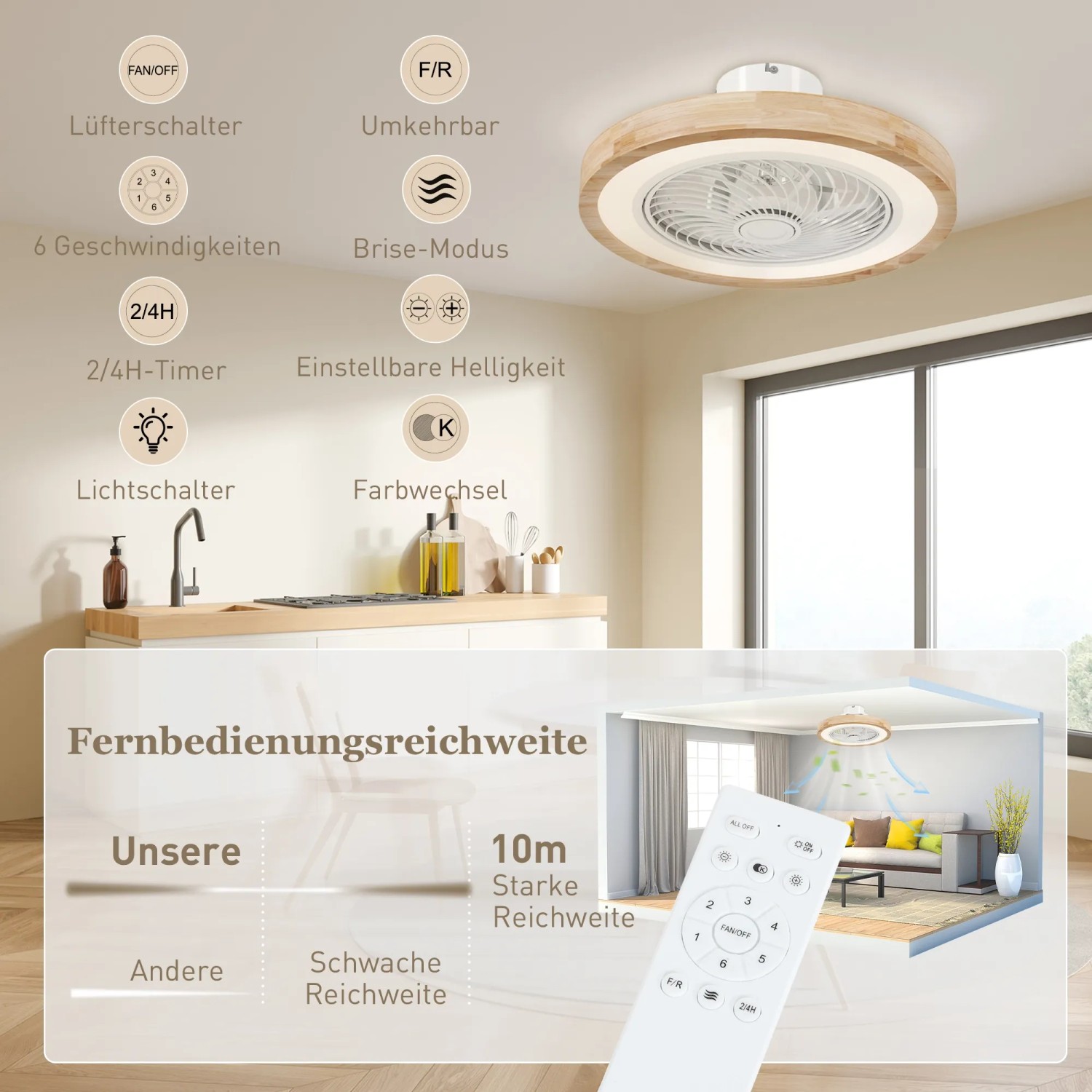 HOMCOM Deckenventilator mit dimmbarer LED-Beleuchtung und Fernbedienung in Holzoptik.
