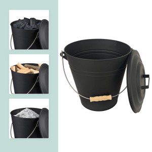 Relaxdays Ascheeimer Eisen Schwarz mit Feger und Schaufel 15 l