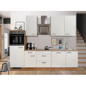 Flex-Well Küchenzeile Vintea 280 cm in Magnolia-Eiche Optik mit E-Geräten.